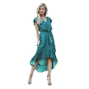 Emerald Green High Low Midi Dress Womens Size Small Polka Dot Short Sleeve